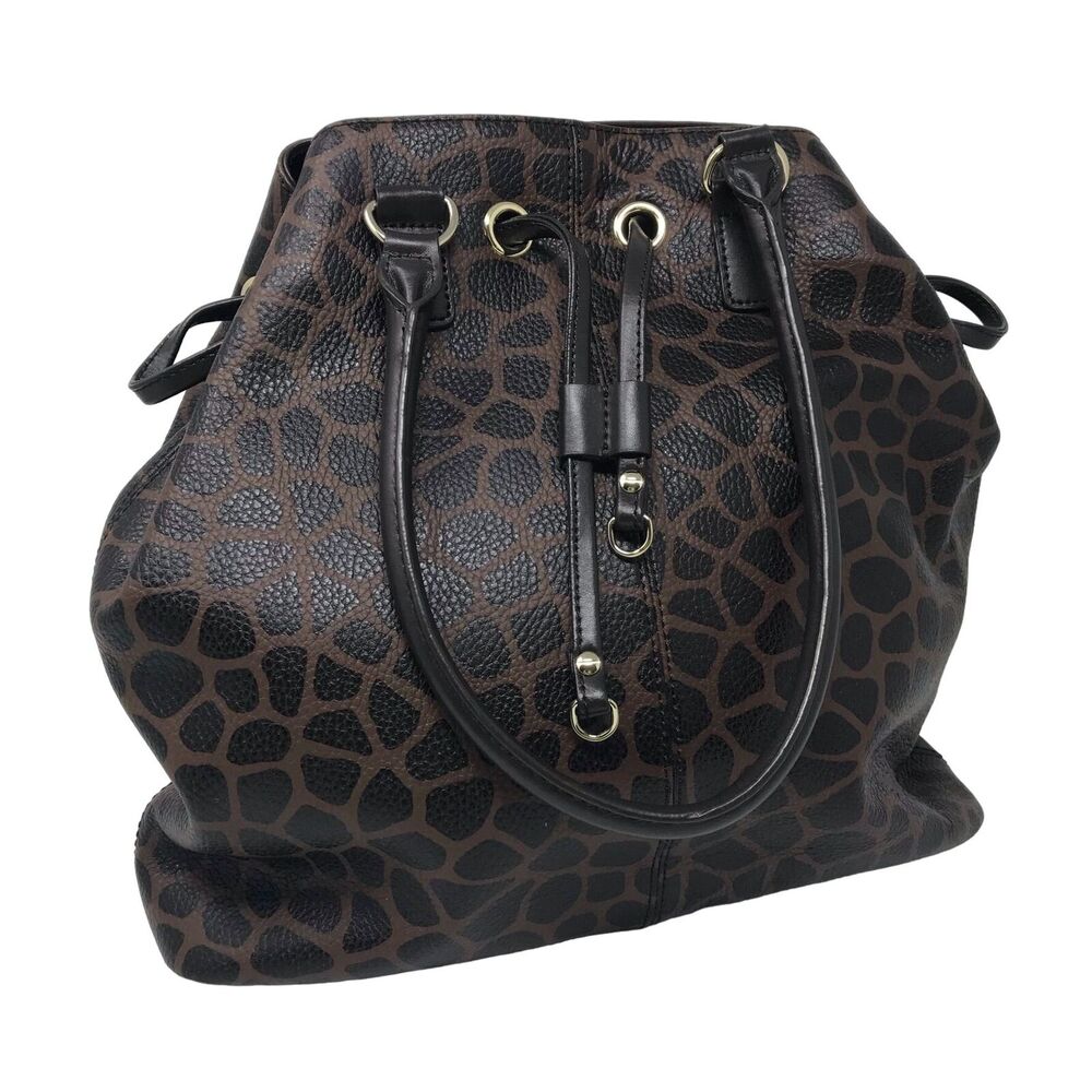 Talbots Leather Tote Handbag Purse Brown Leopard Motif Brown